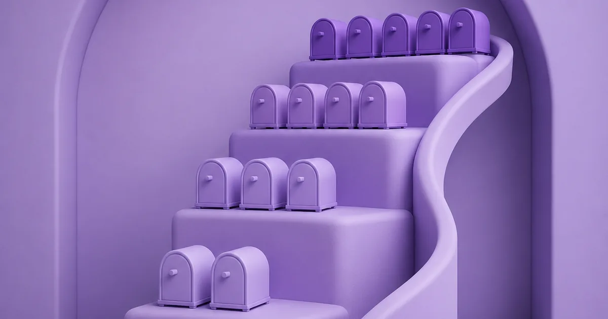 Rows of mailboxes ascending a staircase, representing per-mailbox cost as sending volume scales
